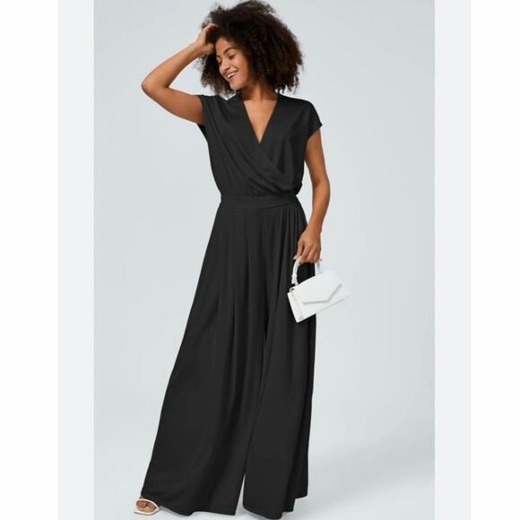 Halara Pants - Halara Easy Peezy Black Wide Leg Waffle Jumpsuit Size Small EUC V Neck Pockets